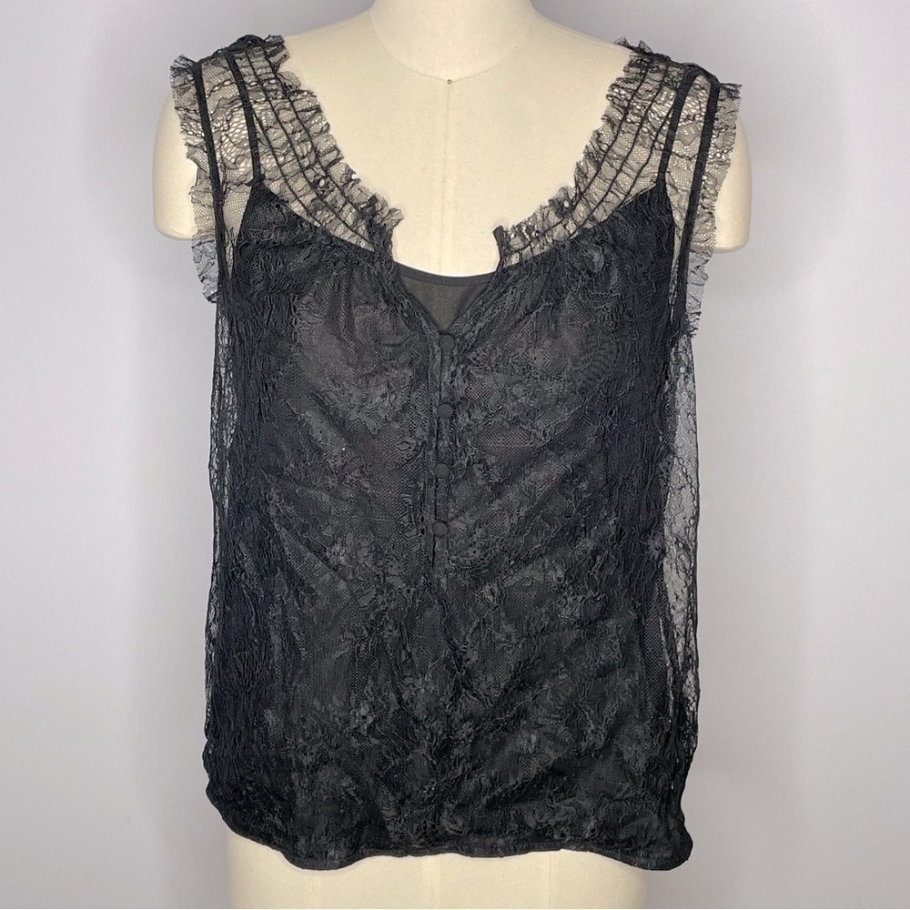Ann Taylor LOFT Black Camisole with Lace and Buttons Overlay Top- Size Small
